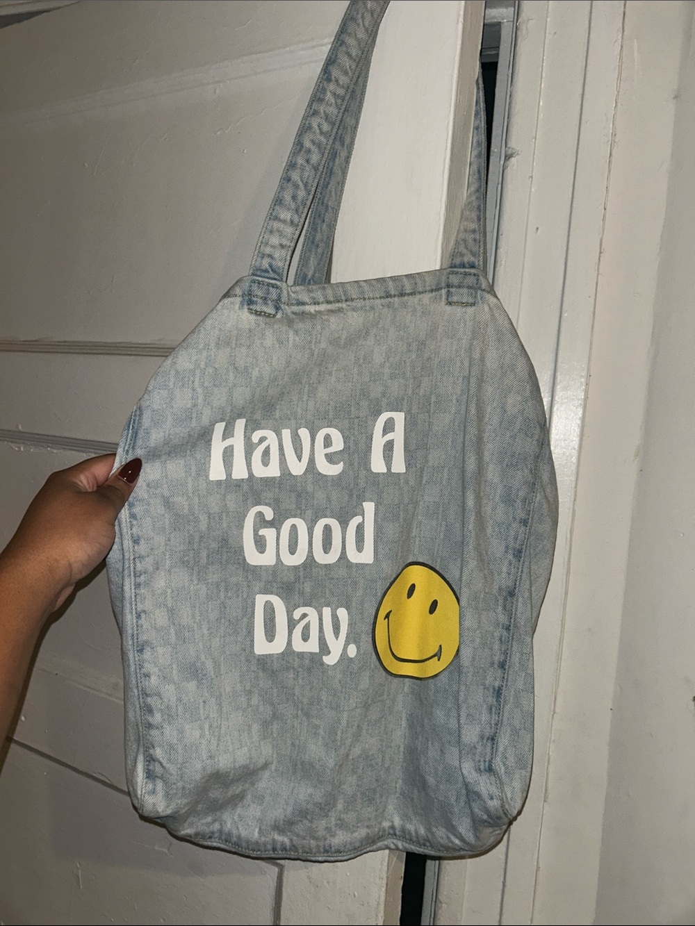 American Eagle Outfitters Light Denim Tote with White Text & Yellow Smiley